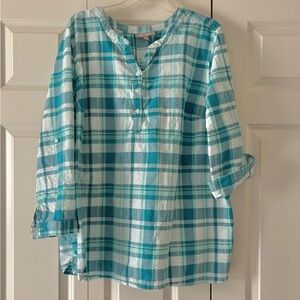 Women’s Plus Size Teal and White Plaid Seersucker Tunic - 3X
